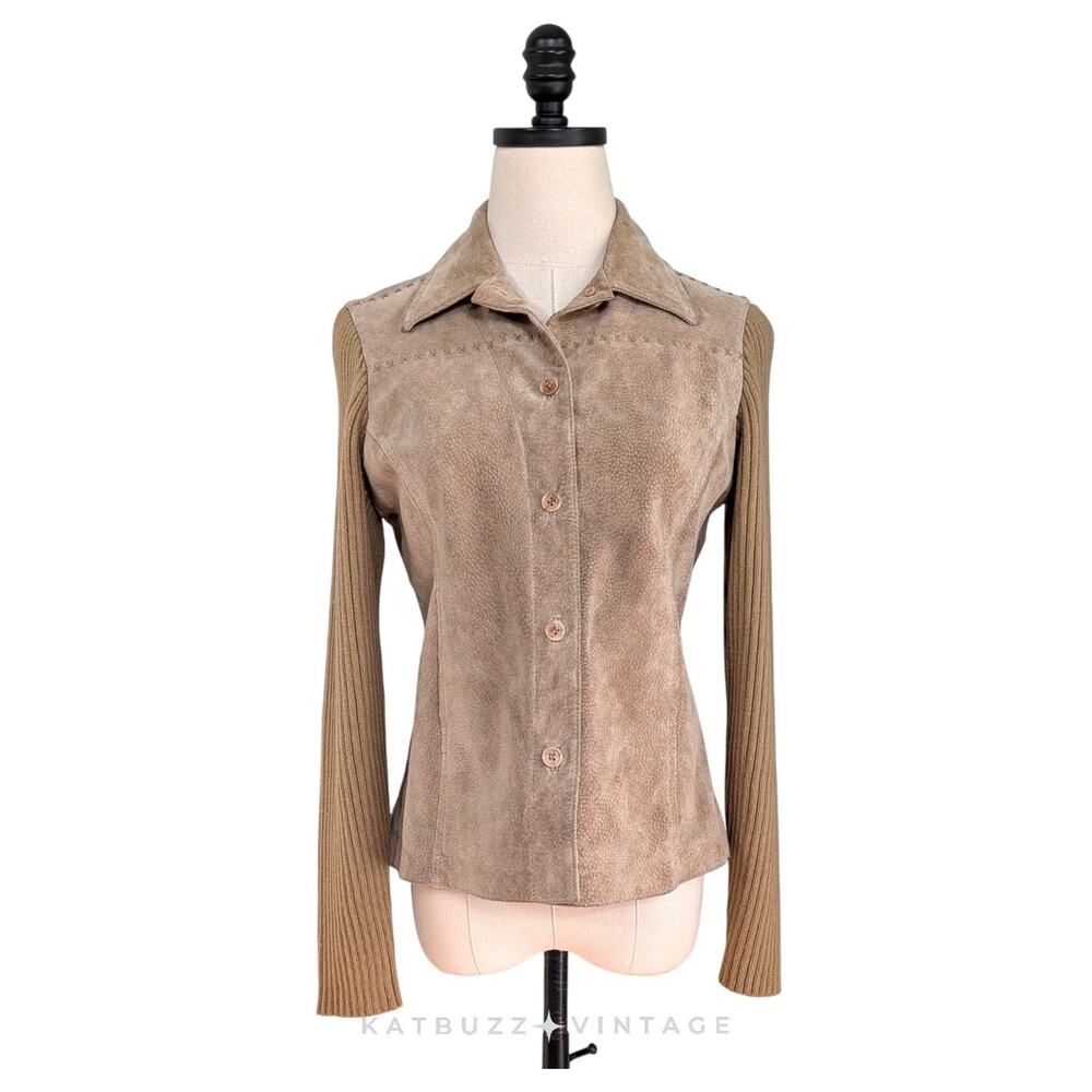 Y2K Suede Jacket Cardigan PS Tan Brown Sweater Leather Collar Indie Boho Vintage